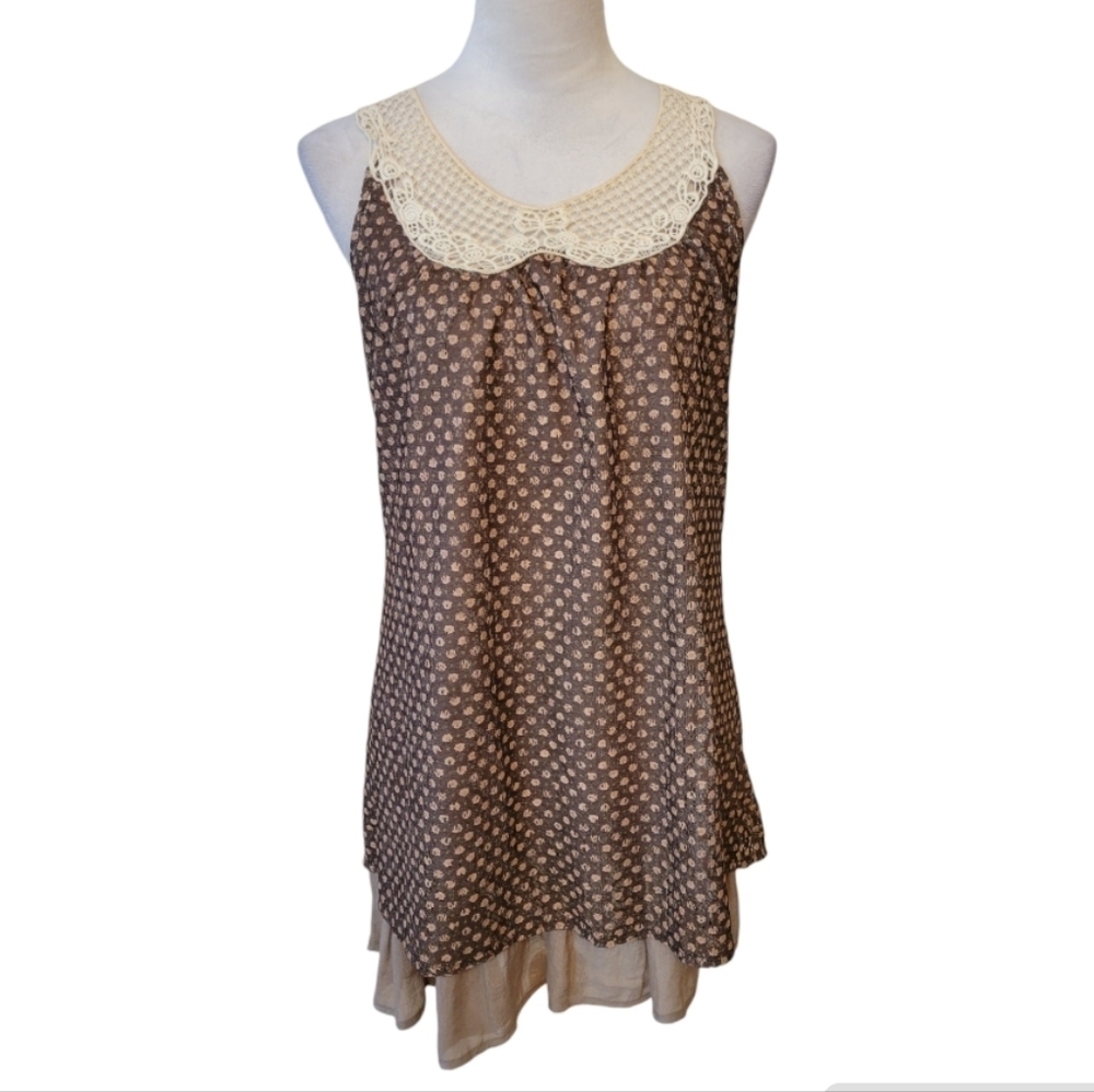 Blue Bird Brown Sleeveless Lace Inset Mini Dress Size Small